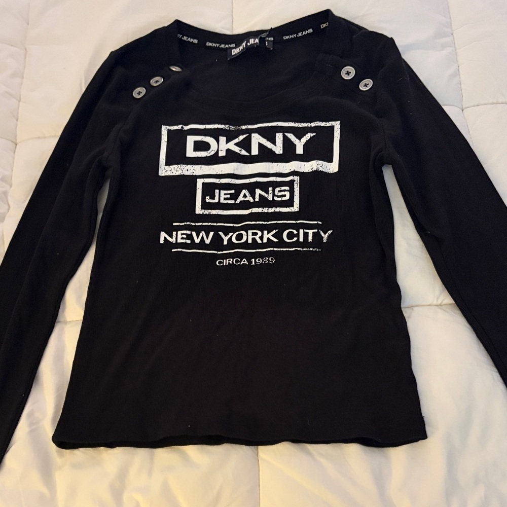 DKNY Black Long Sleeve Logo Tee with Shoulder Buttons